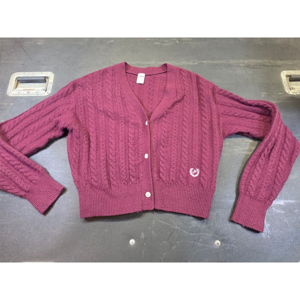 Victoria's Secret PINK Cable Knit Cardigan Burgundy V-Neck Crest Logo Y2K Medium